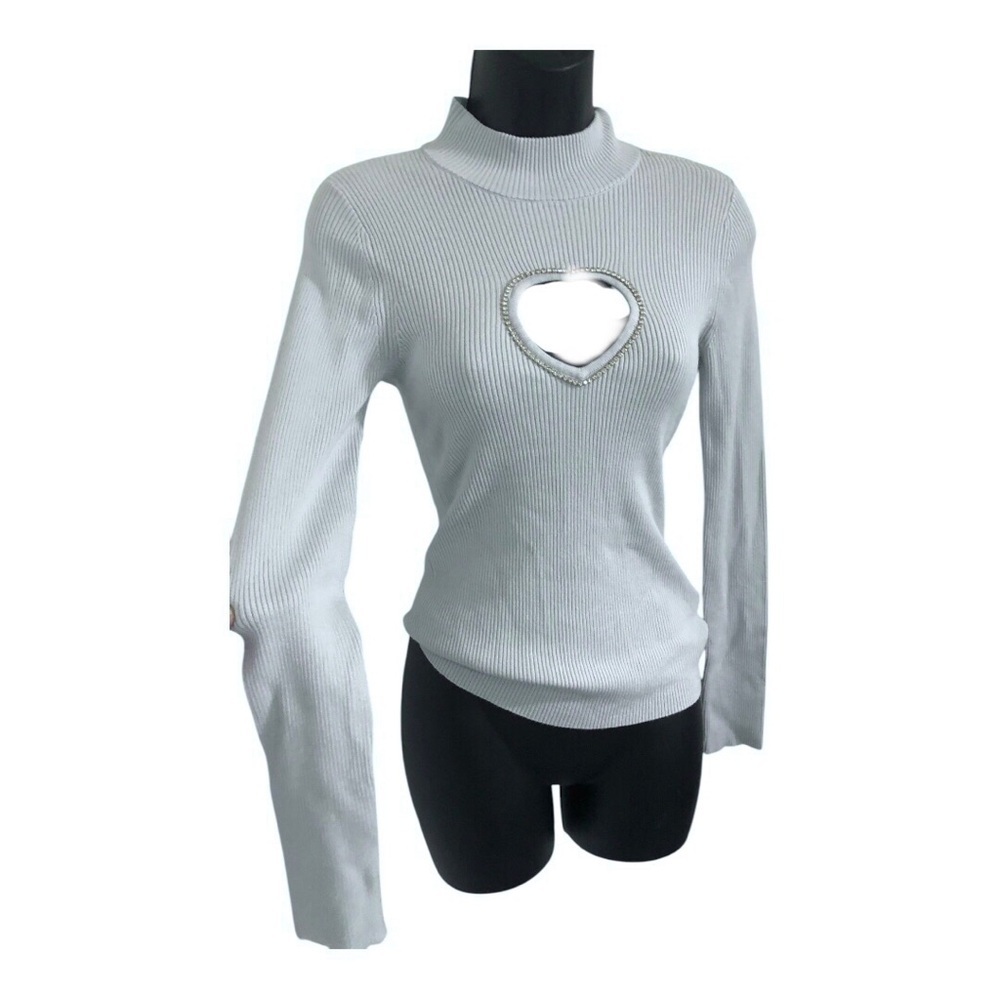 Guess Mia blue ice air‎ heart shaped cz bust cutout mockneck sweater size medium